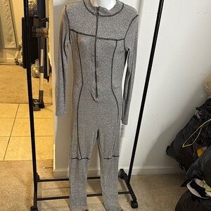 Gray Ribbed Knit Jumpsuit with Zipper